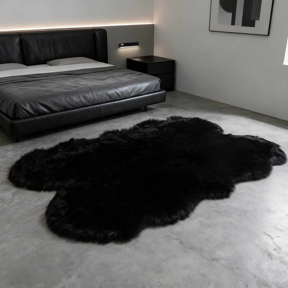Faux sheepskin area rug 4'x6', black machine-washable fluffy carpet，Suitable for bedroom, living room, and children's room bedside rug