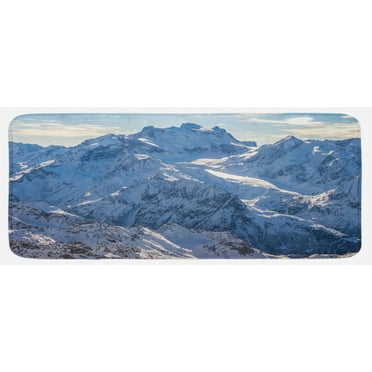 Mountain Kitchen Mat, Snowy Mountain Scene Under the Sky Winter Wilderness Untrodden Nature Print, Plush Decorative Kitchen Mat with Non Slip Backing, 47" X 19", White and Blue, by Ambesonne