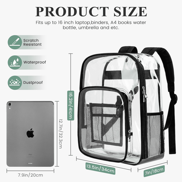 Transparent School Backpack Clear Backpack Heavy Duty with Water Resistant PVC Plastic and Ruggedly Shoulder Straps for School Workplace Stadium