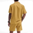 thumbnail image 3 of Fnnxeal Mens 2 Piece Outfits Camp Shirt and Shorts Set Yellow Cotton Stretch Breathable Summer Vacation Beach Cruise Wear Casual Button Down Matching Set with Pockets,Size XL, 3 of 8