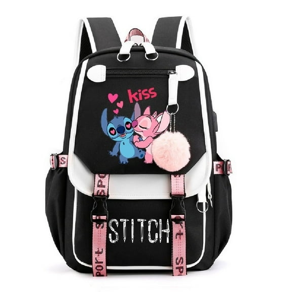Cartoon Couple Backpack Anime Style Blue Alien Lover Print Bag with Pom Pom