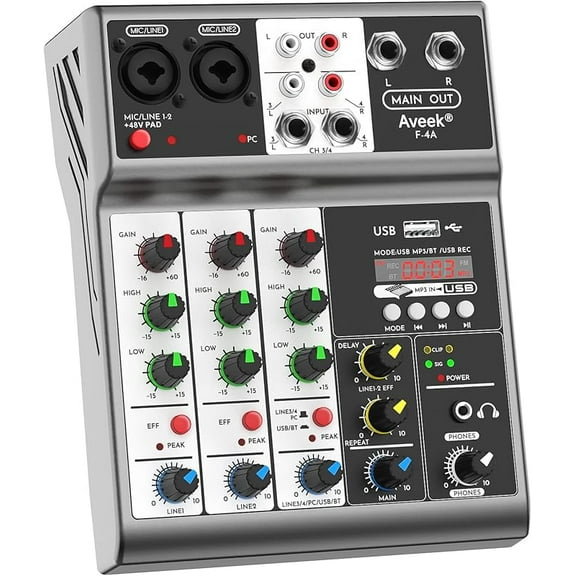 Aveek Professional Audio Mixer, Sound Board Mixing Console with 4 Channel Digital USB Bluetooth Echo Delay Effect, Input 48V Phantom Power Stereo DJ Mixers for Recording, Live Streaming, Podcasting