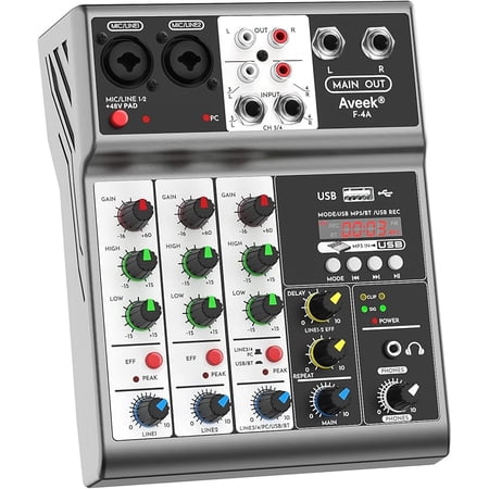Aveek Professional Audio Mixer, Sound Board Mixing Console with 4 Channel Digital USB Bluetooth Echo Delay Effect, Input 48V Phantom Power Stereo DJ Mixers for Recording, Live Streaming, Podcasting
