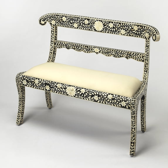 Black Bone Inlay - Black - Rectangular - Meranti wood solids, MDF, resin, bone inlays - BUTLER VICTORIA BLACK BONE INLAY BENCH