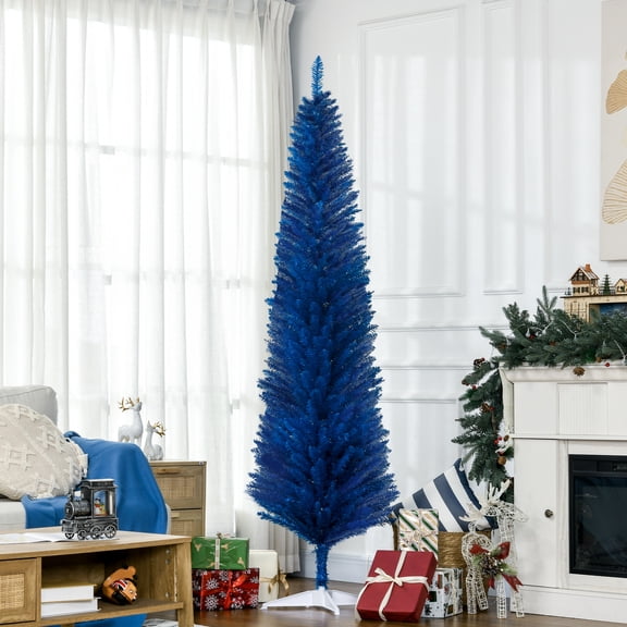 HOMCOM 7 FT Artificial Pencil Christmas Tree, Slim Xmas Tree with 499 Realistic Branch Tips and Plastic Stand, Blue