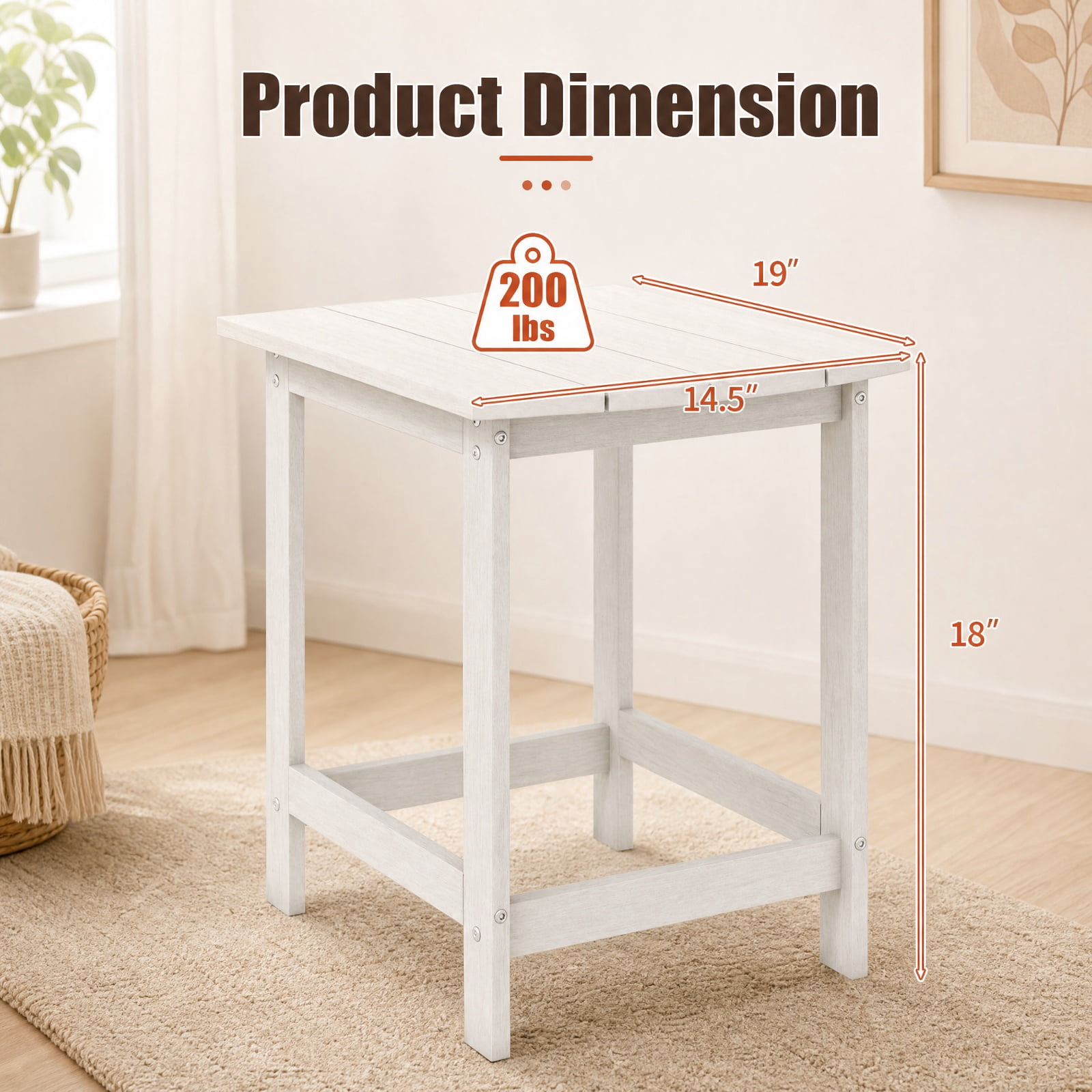 Furnibear 18 Inch Adirondack Outdoor Side Table Set of 2 with Wide Weather Resistant Tops for Patio Garden and Backyard Chairs, White