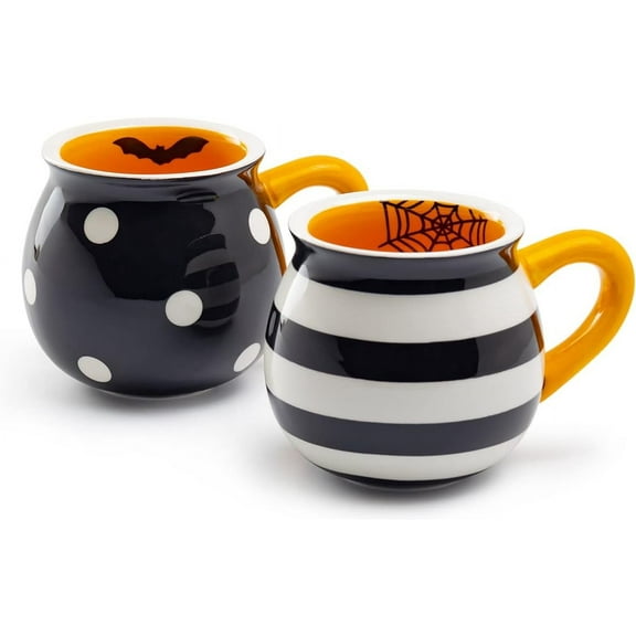Terramoto Ceramic Halloween Bat Dots and Spider Web Stripes Mugs Set of 2 Assorted 12oz