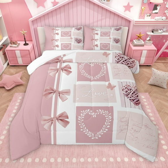Manfei Cartoon Ribbon Bow Bedding Comforter Set for Kids, Pink Dreamy Butterfly Twin Comforter Sets, Princess Love Heart Reversible Bedding Set, Luxury Bedroom Decor, 2 Pieces