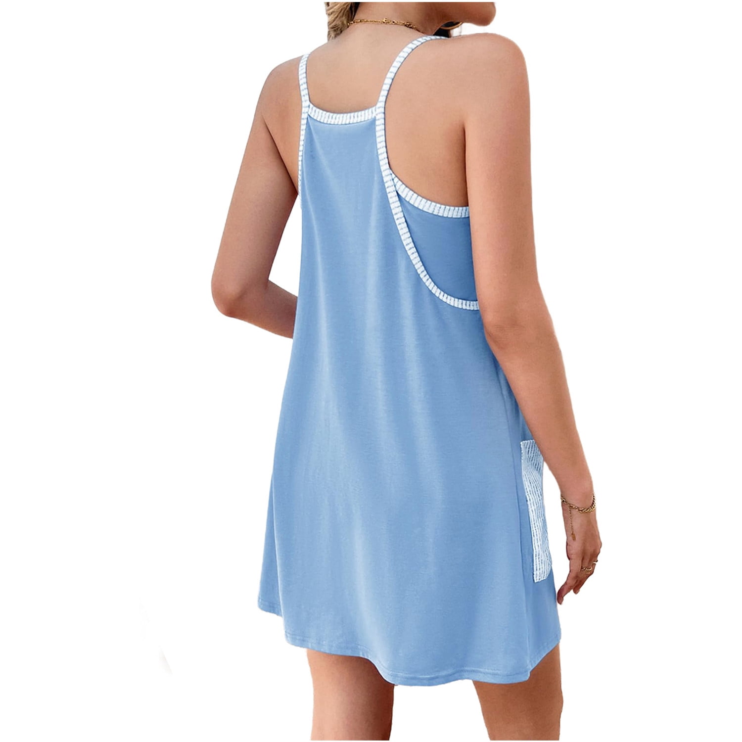 Summer V-neck Women Plain Knit Dress Sleeveless Spaghetti Strap Casual Loose Athletic Dress with Shorts Pocket