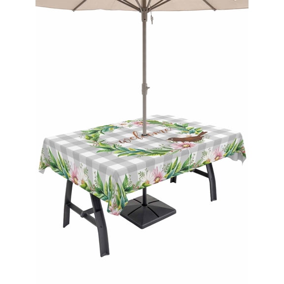 Outdoor Tablecloths with Umbrella Hole & Zipper, Spring Botanical Tablecloth Rectangle 60x84 Inch, Garden Birds Floral Leaves Gray Plaid Waterproof Table Cloth, Patio/Pool/Picnic Table Covers