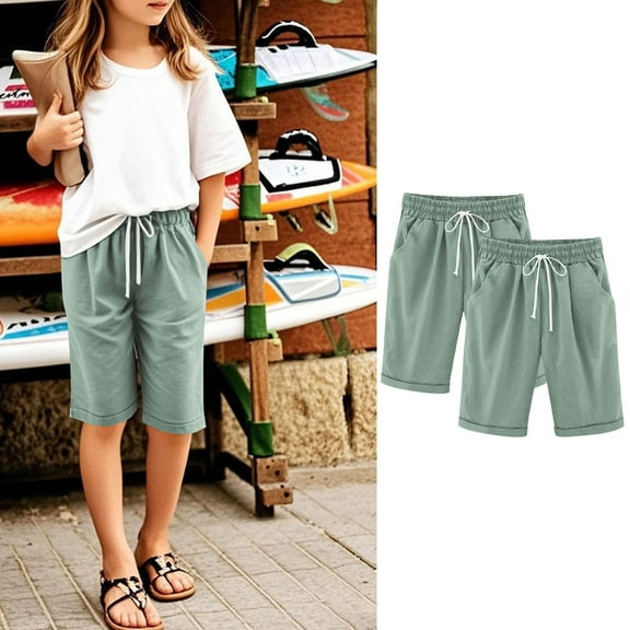 2 Pack Shorts for Girls Summer Casual Knee Length Bermuda Shorts Kids High Waisted Drawstring Short Pants Teen Girls Clothes