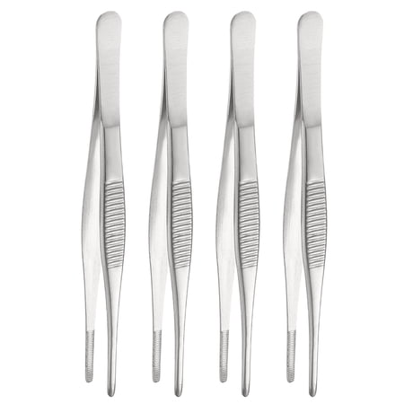 Uxcell 4pcs Stainless Steel Tweezers 5.5 Inch Long Straight Serrated Tip Tweezers Multi Purpose Kitchen Tongs for Cooking Gardening Repairing Craft Silver