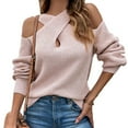 thumbnail image 4 of Mrat Fall Tops for Women 2024 Trendy Women Fashion Round Neck off the Shoulder Long Sleeve Solid Sweater Tee Tops Women's Ribbed Knit Sweater S-5 Pink-A M, 4 of 6