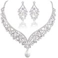 thumbnail image 1 of Juego de aretes y collar con forma de lágrima en forma de V de cristal austriaco, tono plateado transparente JFHHH pequeña, 1 of 5