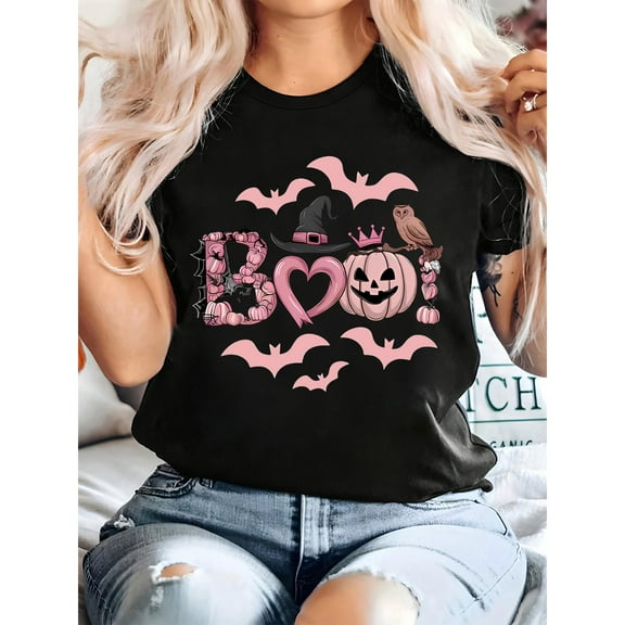 Short Sleeve Round Neck Womens Boo Halloween Graphic Tee Cute T Shirt Tops Cotton Casual Black S-5XL