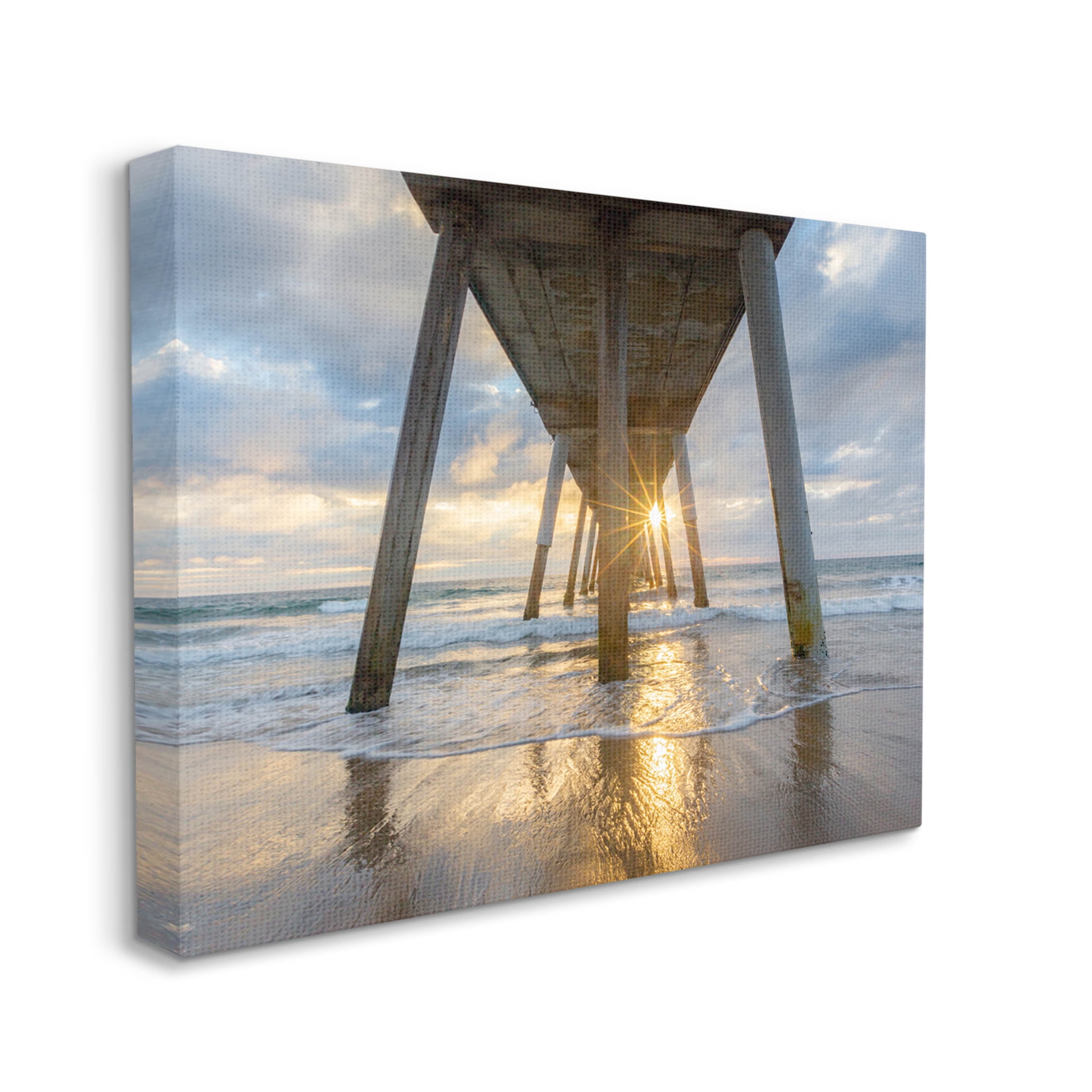 Looming Pier Beach Waves Coastal Photograph Gallery Wrapped Canvas Print Wall Art