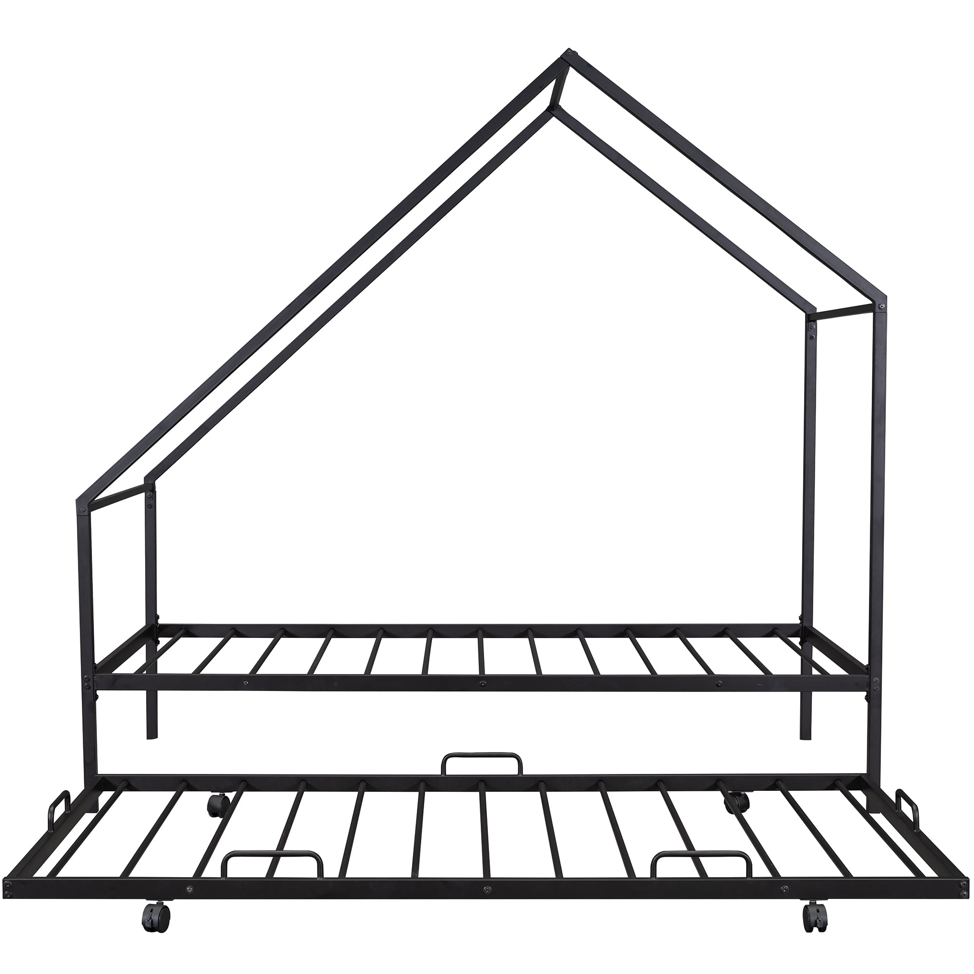 Gewnee Metal House Bed With Trundle,Kids Twin Size House Shaped Platform Bed Frame,Black