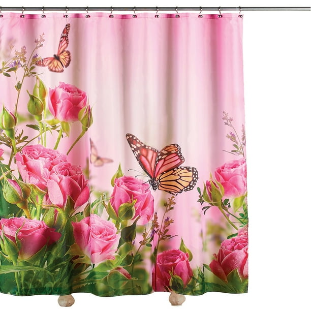 Bright Erflies In A Rose Garden Shower Curtain Pink Background 12 Grommet Holes For Hooks Machine Washable Polyester 71 Sq Com 12 Grommet Holes For Curtain Hooks, Pink Shower Curtain Hooks