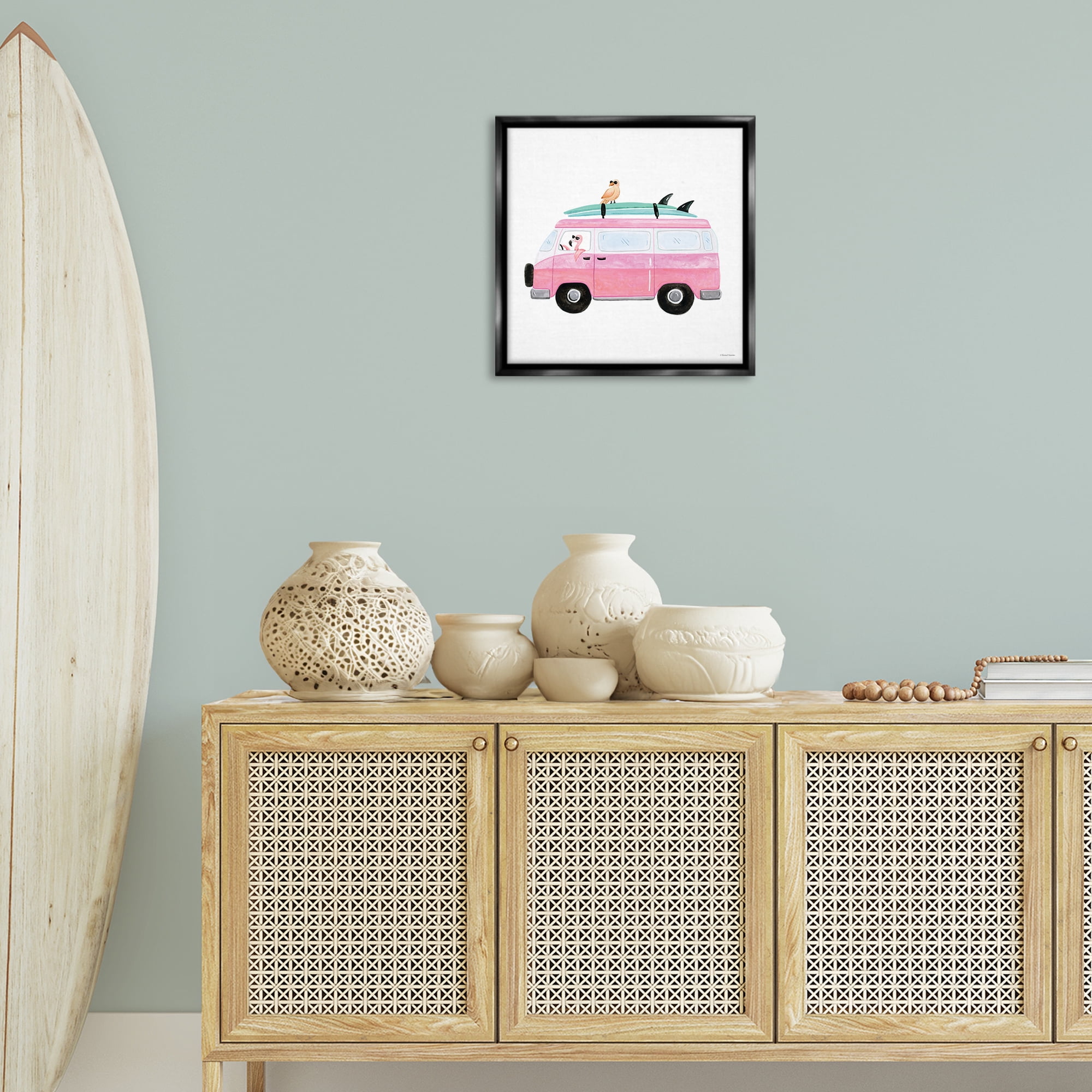 Stupell Industries Summer Birds & Van Transportation Painting Black Floater Framed Canvas Art Print Wall Art, 18 x 18