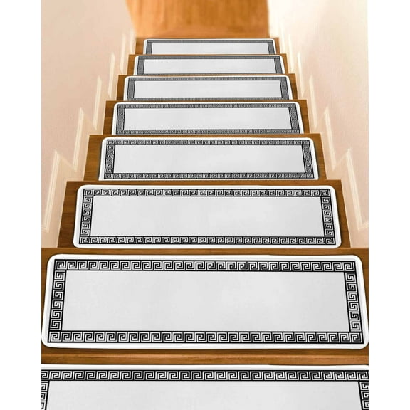 Black Geometric Stair Treads for Wooden Steps Indoor Runner Rug Carpet, Modern Key Greek Design Abstract Art 4 Pieces Peel and Stick Staircase Step Treads Covers Washable Throw Door Mats, 30"x8"