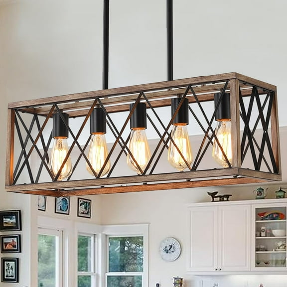 5-Light Adjustable Linear Chandelier - Rustic Farmhouse Pendant Lighting for Kitchen Island & Dining Tables (Metal Woodgrain Finish, Multi-Height DIY)