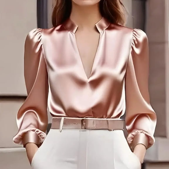 MORTTIC Women's Elegant V-Neck Long Sleeve Satin Blouse Slim Fit Top for Office Party & Everyday Wear Pink，S