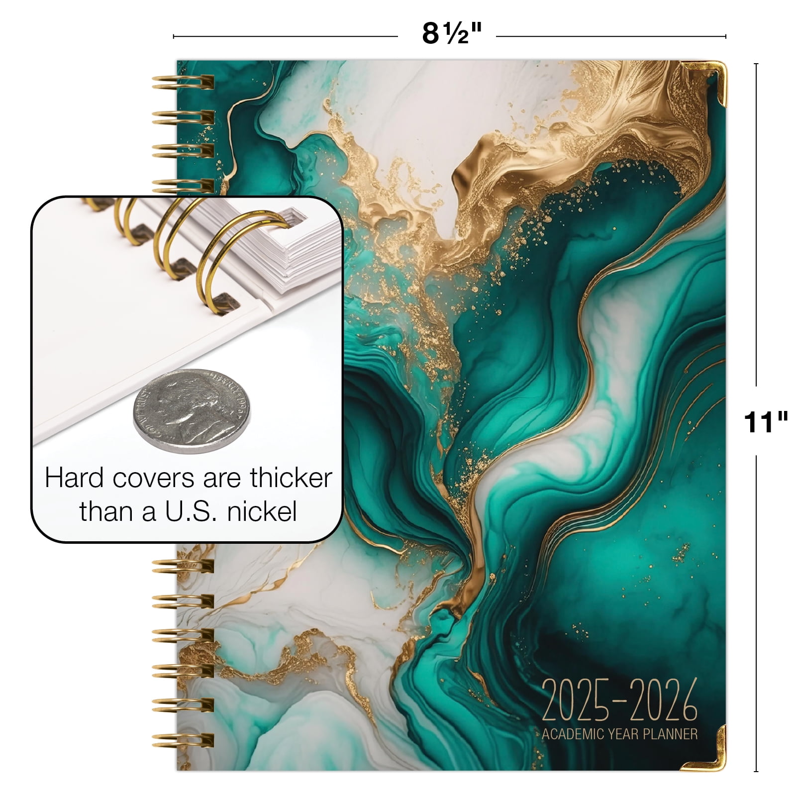 Academic Year 2025-2026 Planner, June 2025 - July 2026, 8.5"x11" Daily Weekly Monthly Planner Yearly Agenda, Hardcover, Bookmark, Pocket Folder and Sticky Note Set (Teal Gold Marble)