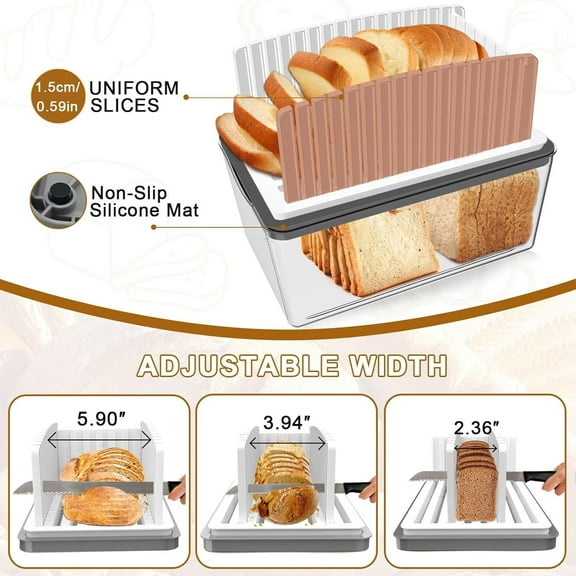 Upgrade Bread Slicer for Homemade Bread with Bread Box, Bread Slicing Guide Adjustable Width, Foldable and Compact Cutting Guide with Crumb Tray, Suitability for Homemade Bread, Bagels,Cakes