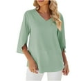 thumbnail image 1 of Penkiiy Chemisiers pour Femmes Manches 3/4 Tunique Estivale Chic Hauts Décontractés Amples T-Shirts à Col en V L Vert, 1 of 1