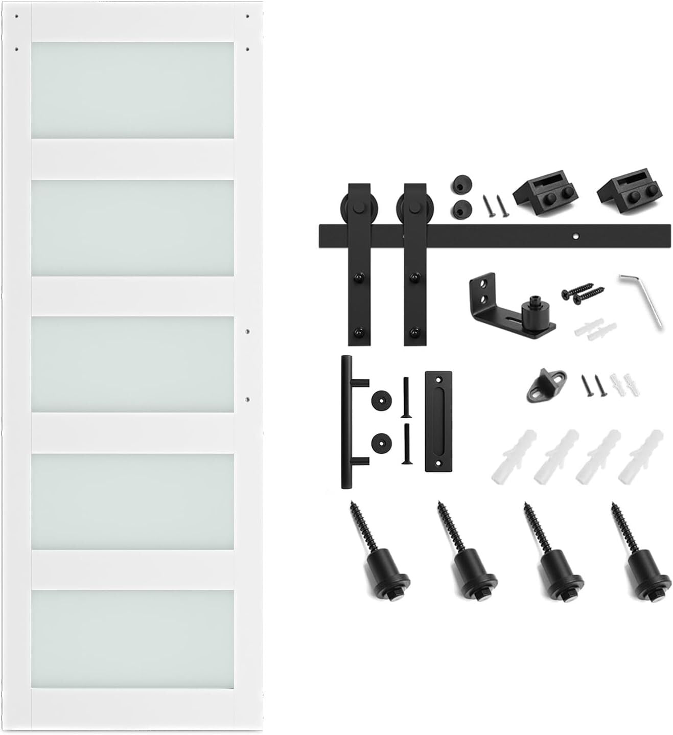 Easy4Home 30"x 84" Glass Sliding Barn Door With 5ft Sliding Door Hardware Kit & Handle Pre-Drilled
