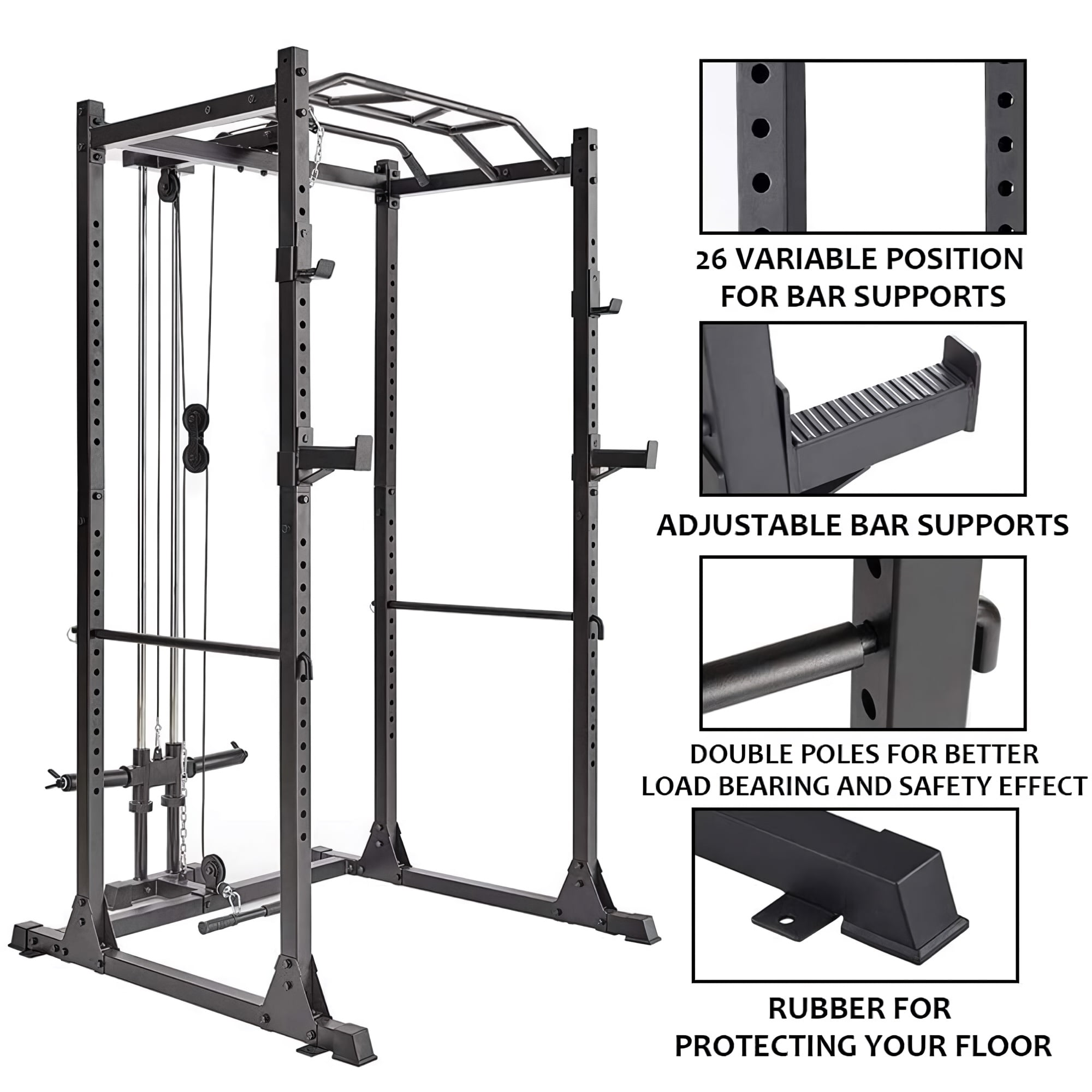 Mikolo Power Cage, support de squat de 907,2 kg avec système croisé de câble à double poulie, machine d'entraînement multifonction à poids libre avec