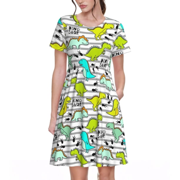 Disketp Funny Dinosaurs on Stripes para Vestido de Manga Corta para Mujeres, Vestidos de Verano para Mujeres, Casual y Holgado para la Playa