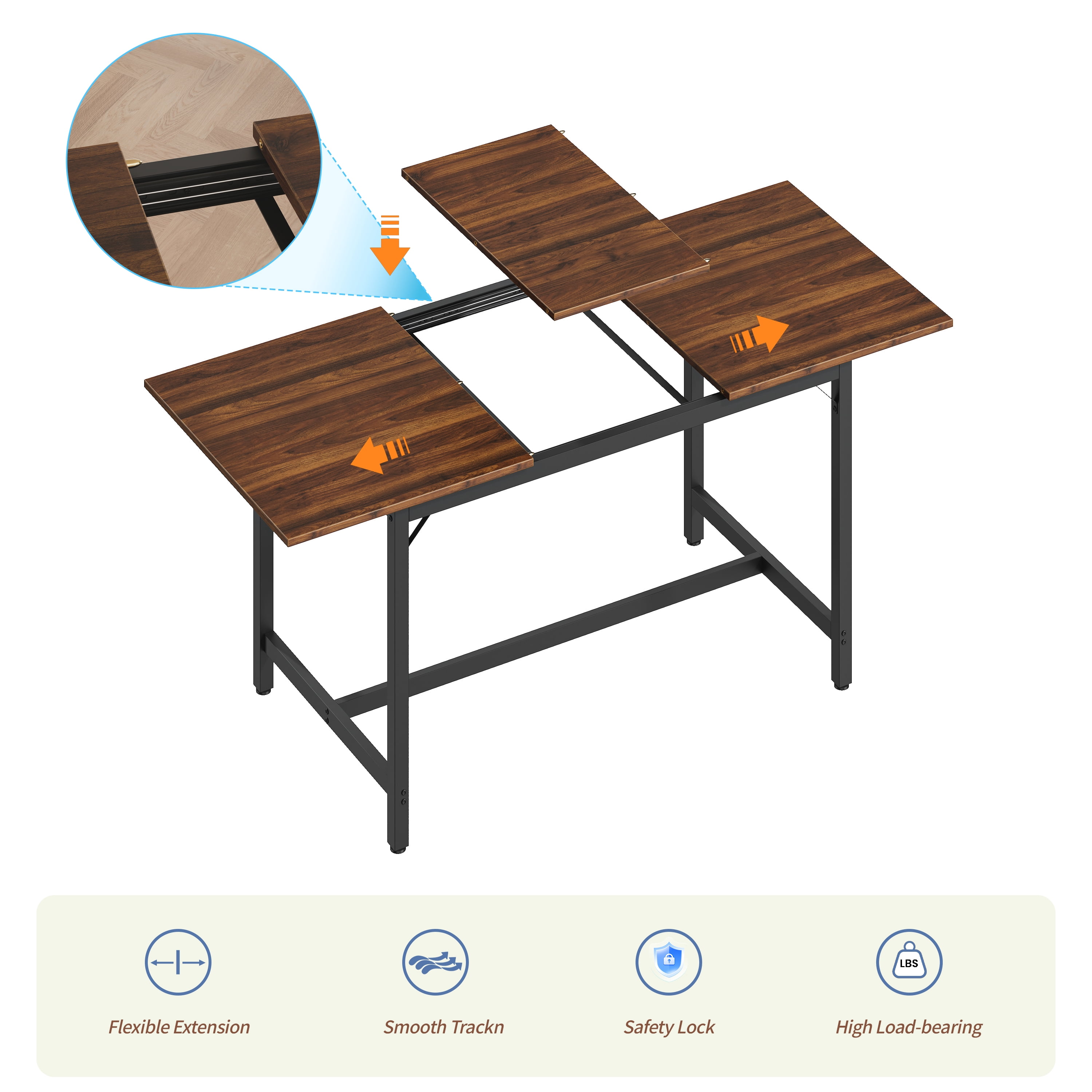 Aukfa 63" Extendable Dining Table Set for 4-8, 3-Piece Kitchen Table Set with 2 Benches & 2 Stools, Space Saving Wood Table & Metal Frame,Walnut