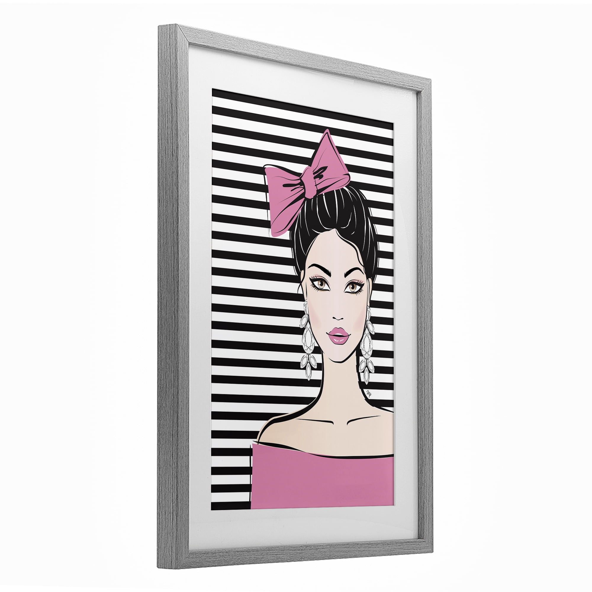 Stupell Industries Girl with Pink Bow & Earrings Gray Framed Print Under Glass, design by Martina Pavlova
