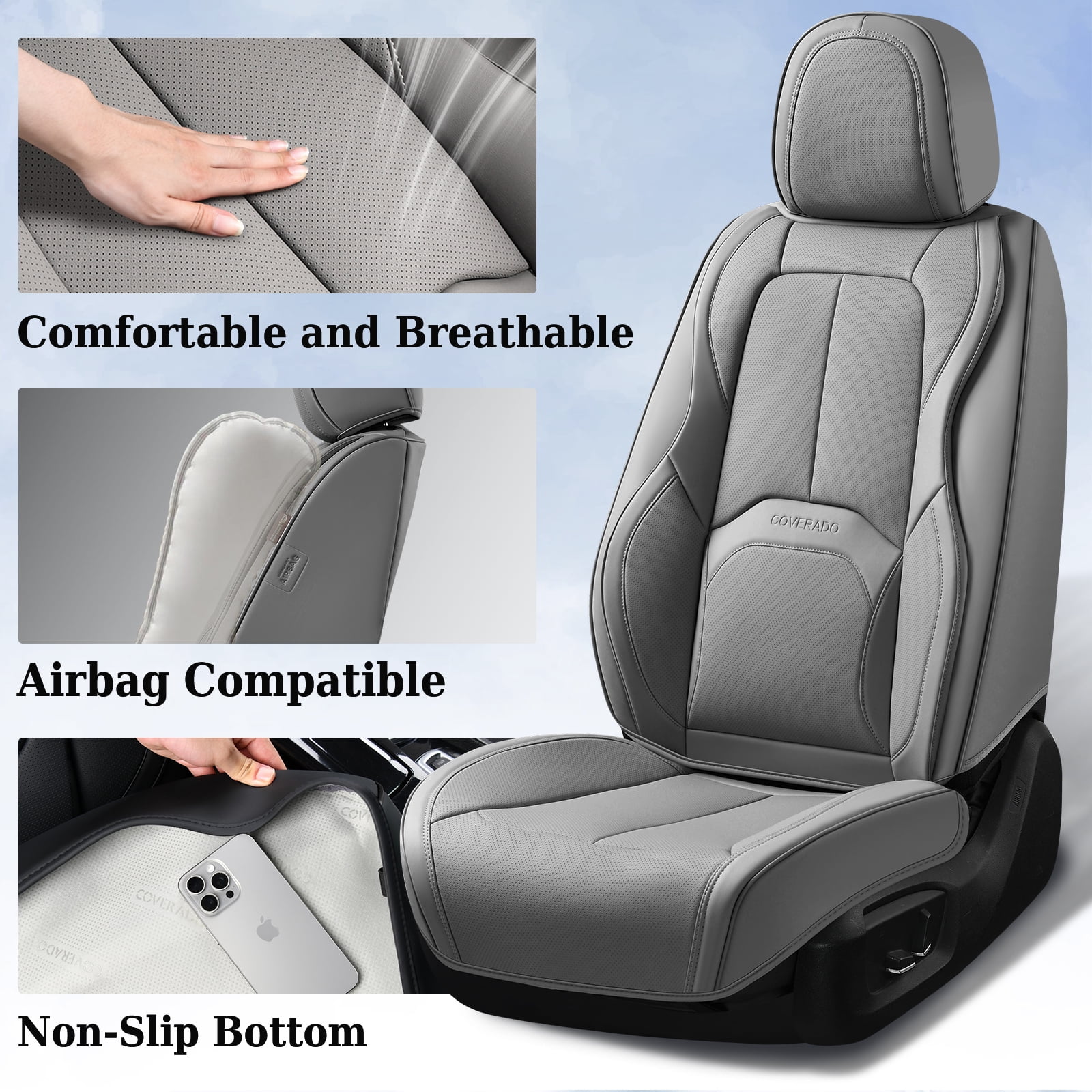 Coverado Car Seat Covers Full Set, Premium Leather Seat Protectors with Lumbar Support, Waterproof Auto Cushions Universal Fit for Most Cars, Gray