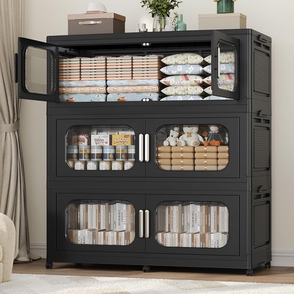 Extra Large Storage Bins with Lid, 600QT Storage Bins with Wheels, Folding Closet Organizer, Stackable Collapsible Plastic Storage Containers for Home, Office, Dorm, 3Pack Black