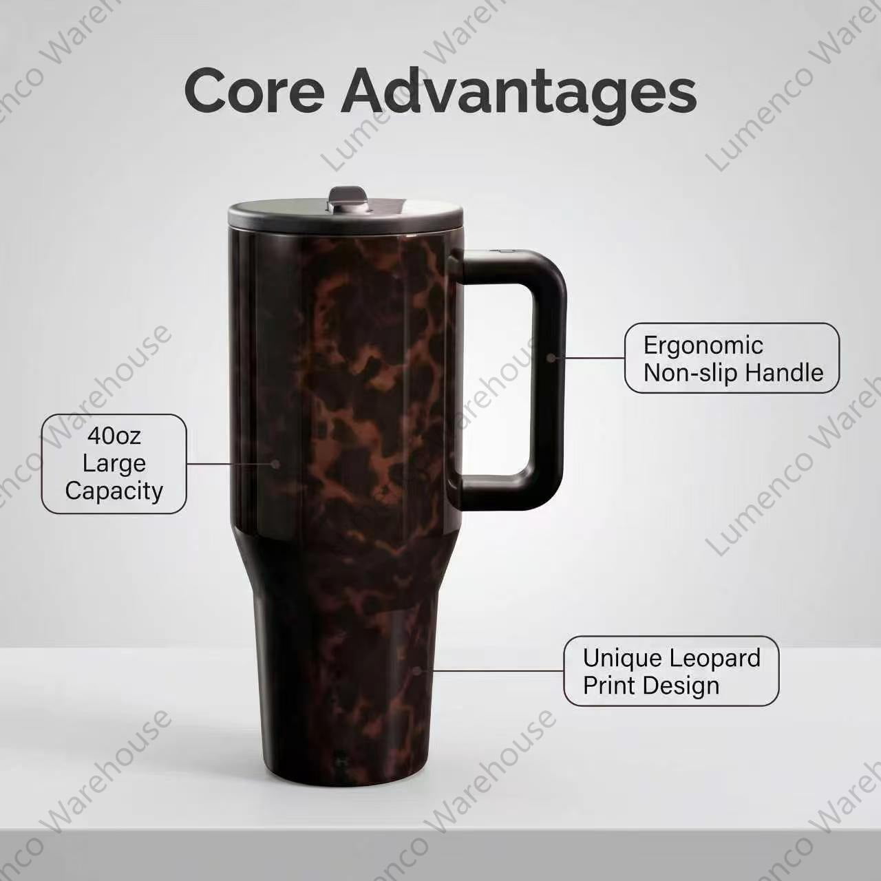 Tortoise Shell 40oz Traveler HandleStainless Steel Large Capacity.Thermos Cup Ergonomic DesignVacuum Insulated Leakproof WaterBottle Gifts for Women & Men.