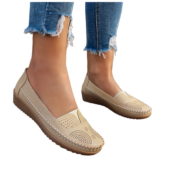 Rokment Beach Vintage Wedges Walking Shoes for Women Casual Comfortable Leather Hollow out Soft Slip on Mid Heels Non Slip Driving Nursing Work Dress Loafers Beige Size 6