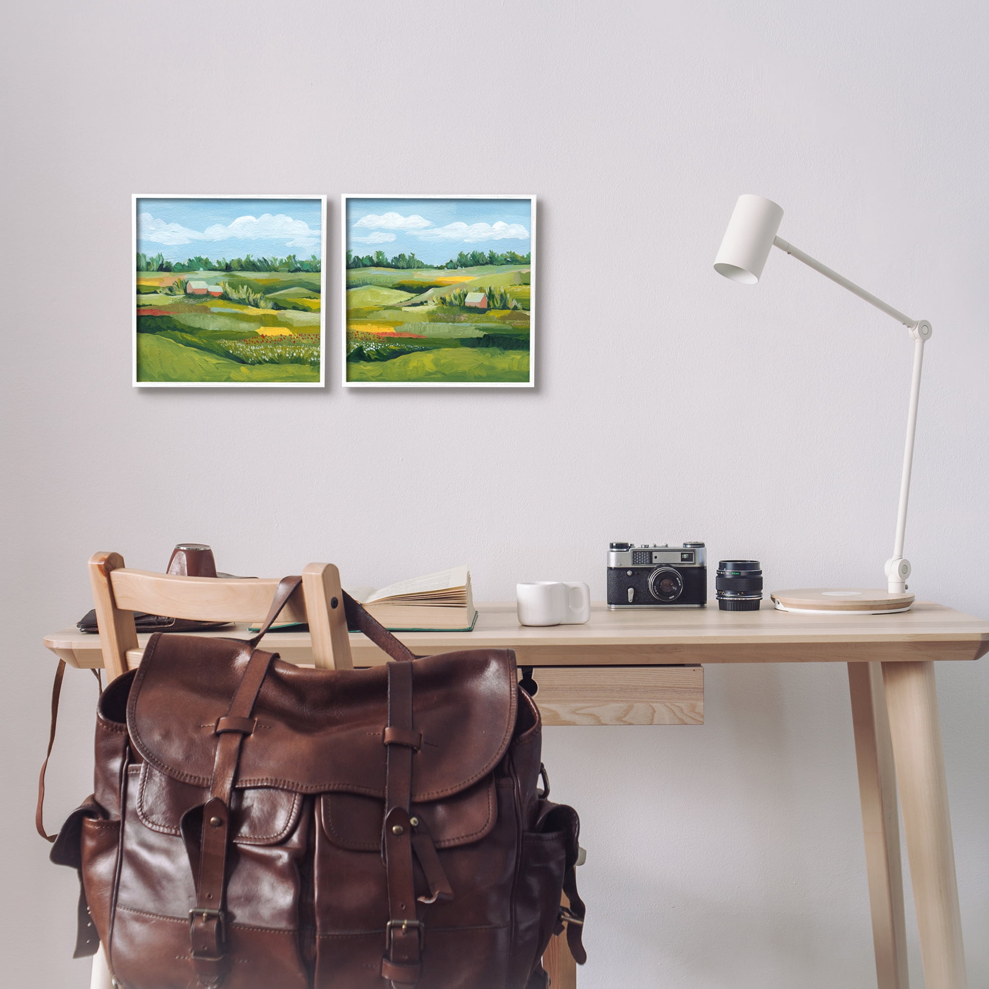 Stupell Rural Country Farm Pastures Landscape Painting White Framed Art Print Wall Art, Set of 2