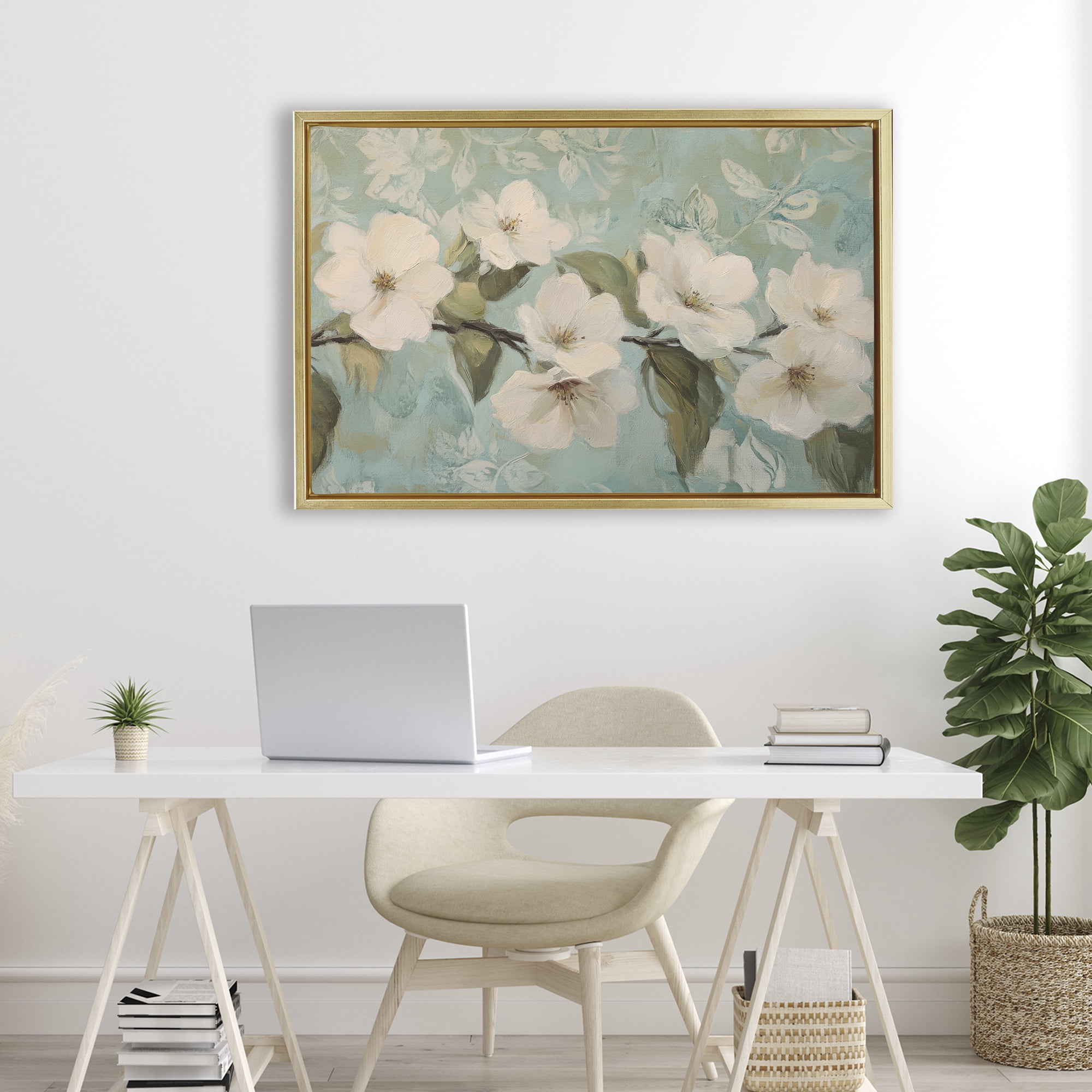 Stupell Industries Serene Flower Branch Blooms Gold Framed Floater Canvas Wall Art, design by Petal Prints Design
