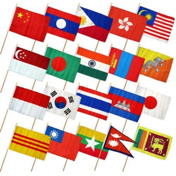 12''x18'' Set of 20 Asia Asian Countries Stick Flag Wood Staff