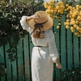 thumbnail image 5 of Sombrero de paja con lazo, sombrero de verano con protección solar, sombrero de ala sin rematar, sombrero de playa para vacaciones al aire libre para mujer, circunferencia de sombrero de 56-58 cm, 5 of 5