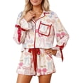 thumbnail image 3 of 2026 Christmas Pajamas for Women Bow Tie Button Up Top and Ruffle Shorts 2 Piece Silk Satin Pjs Y2k Cute Sleepwear, 3 of 6