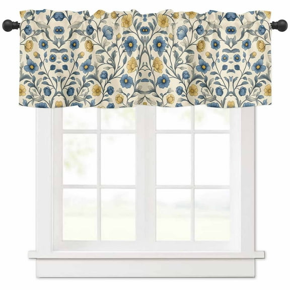 Vintage Blue Yellow Valances for Windows Farmhouse Kitchen Curtains Valances Rod Pocket Valance Curtains for Kitchen Windows Spring Enchanted Garden Florals Window Valances for Bathroom 42"x18"
