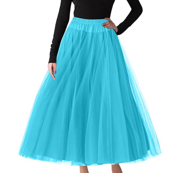 Fgnfyis Women's Skirts Midi Retro High Waist Tutu Skirt Long Underskirt for Fancy Dress and Carnival Ballet Skirt Blue L