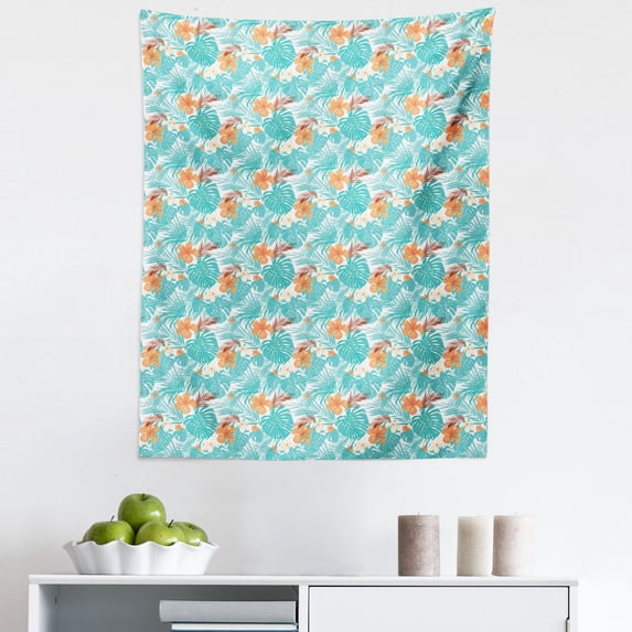 Aloha Tapestry, Summer Scene of Palm Tree Leaves and Hibiscus Flowers, Fabric Wall Hanging Decor for Bedroom Living Room Dorm, 5 Sizes, Orange Turquoise, by Ambesonne