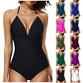 thumbnail image 1 of VBTAPA Tummy Control Swimsuits for Women Full Coverage One Piece Bathing Suits Metal Halter V Neck Ruched Slimming Swimwear Lightning Sales of The Day Hot Pink XL, 1 of 5