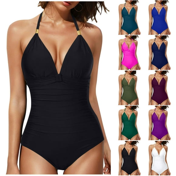 VBTAPA Tummy Control Swimsuits for Women Full Coverage One Piece Bathing Suits Metal Halter V Neck Ruched Slimming Swimwear Lightning Sales White L
