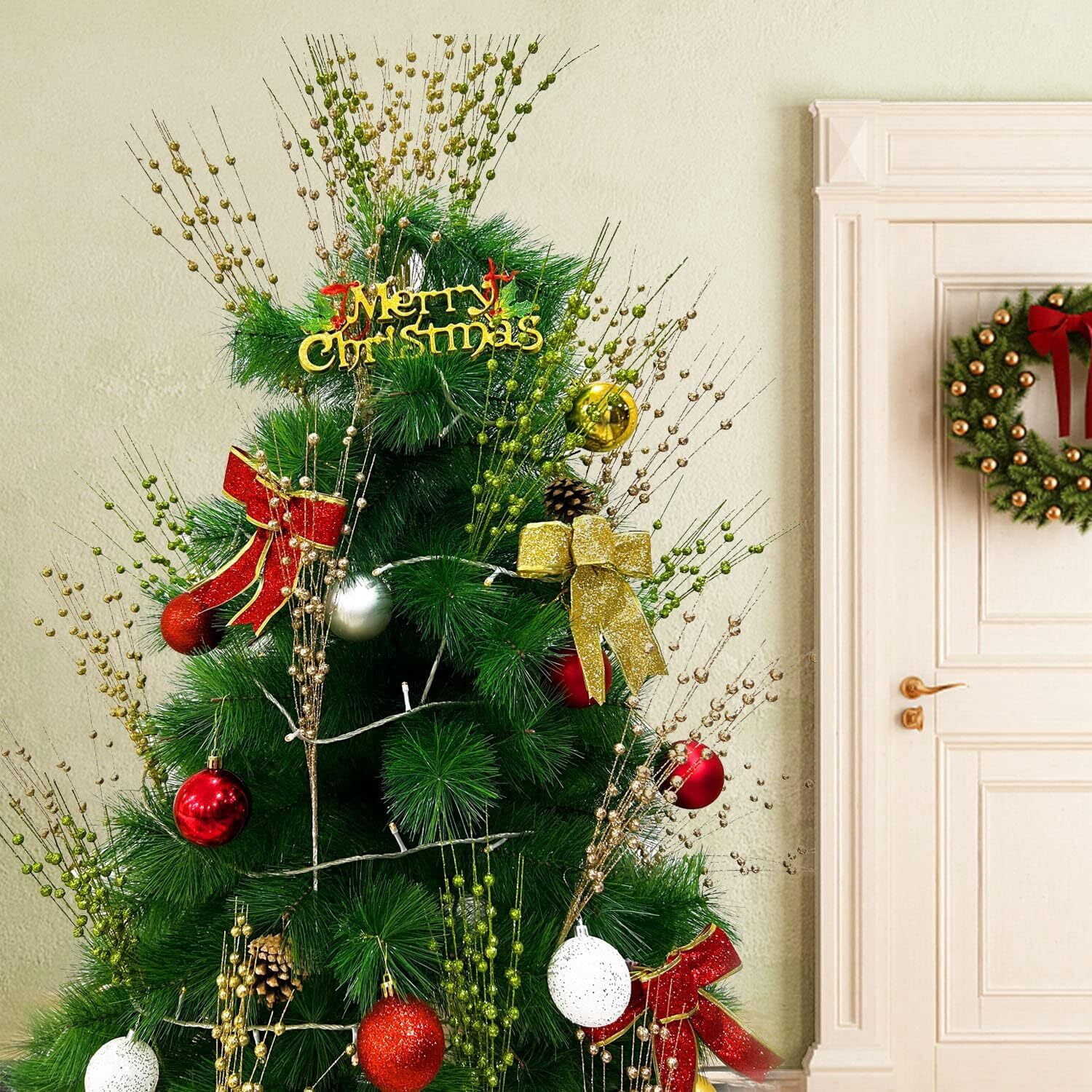 30 Pack Artificial Glitter Berry Stems, 15.7 Inch Artificial Christmas Tree Picks, Decorative Glitter Berry Long Stems, for Christmas Tree DIY Wreath Crafts Holiday Home Decor(Gold)