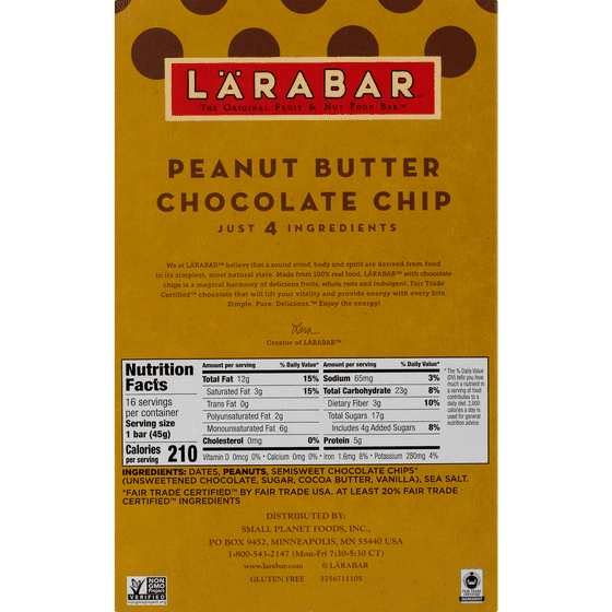 Larabar Gluten Free Bar Peanut Butter Chocolate Chip 16 Oz Bars Count Larabar Gluten Free Bar Peanut Butter Chocolate Chip 16 Oz Bars Count